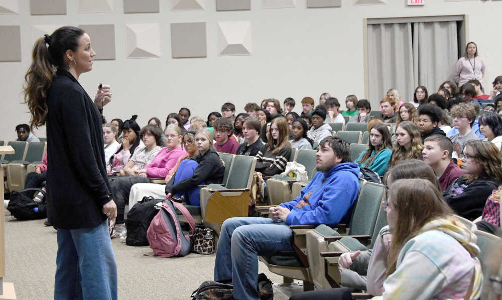 Cara Filler speaking to students at New Madrid County Central High School on Friday, Nov. 8, as part of a presentation on safe driving sponsored by the Missouri Department of Transportation