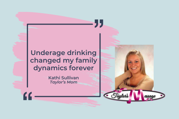 A promotional graphic featuring a quote by Kathi Sullivan that reads, 'Underage drinking changed my family dynamics forever,' enclosed in a pink square with quotation marks. To the right of the quote, there is a blurred-out photo of a person. Below the photo, the text 'Taylor's Message' is written. The background is light blue with pink brush strokes.