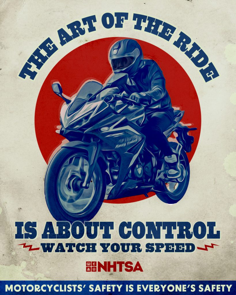 A stylized poster features a motorcyclist riding a motorcycle with the message "THE ART OF THE RIDE IS ABOUT CONTROL – WATCH YOUR SPEED" in bold letters. The motorcyclist is wearing a helmet and protective gear, depicted in a blue and red color scheme. The background has a vintage, textured beige design with a red circle framing the rider. The NHTSA logo and the statement "MOTORCYCLISTS' SAFETY IS EVERYONE'S SAFETY" are displayed at the bottom, reinforcing the importance of safe riding practices.